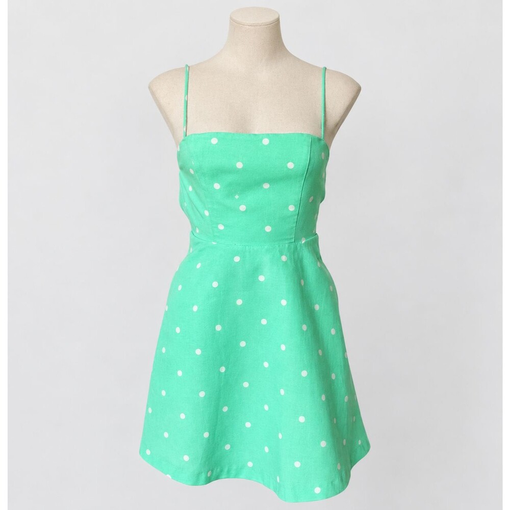 Zara Mint Green Linen Polka Dot Mini Dress Straight Neck Pockets Size Medium EUC